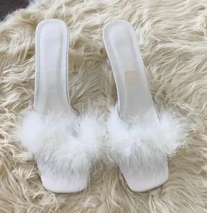NWOT White Fluffy Faux Fur Square Toe Clear Kitten Heel Mules Heels US 10 thumbnail 1