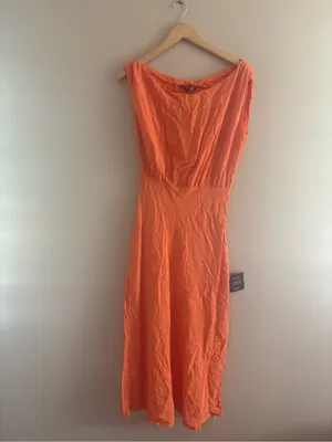 Lulus Casual Enchantment Orange Linen Off-the-Shoulder Midi Dress Size Medium thumbnail 4