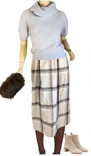 Vintage 1980'S Century Beige & Brown Plaid Wool Midi Skirt (12) thumbnail 1