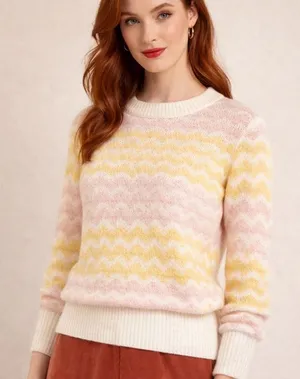 FRNCH Paris Linette Chevron Pink‎ and Butter Yellow Sweater Size Small Preppy thumbnail 1