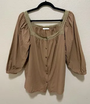 Neuflora Boho Peasant Blouse Brown Lace Trim Button Front Balloon Sleeve Medium thumbnail 1