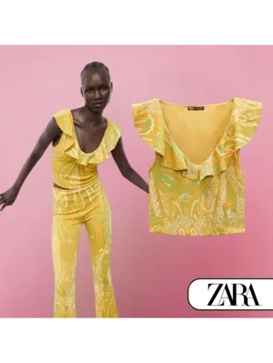 Zara Paisley Ruffle Blouse – Yellow & Green, Size Medium thumbnail 2