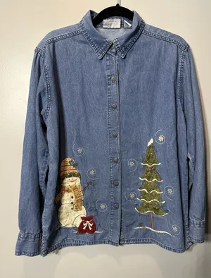 Snowman Jean Shirt Endless Design Women’s Medium Winter Tree Blue Button Down thumbnail 1