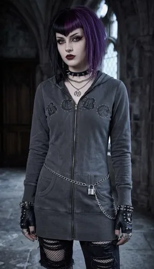 Y2k Vintage Gray Embroidered Full Zip Hoodie Gothic Grunge Women’s Size S thumbnail 1