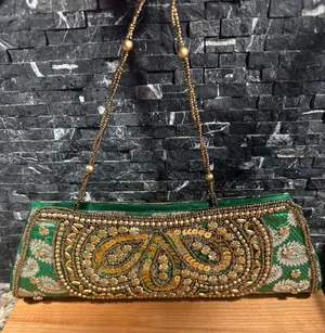 Evening Bag Beaded Sequin Clutch India Purse Green Gold Prom Formal thumbnail 1