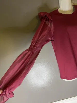 Anthropologie Blouse Womens Small Red Sheer Puff Balloon Sleeve Jersey Top thumbnail 5