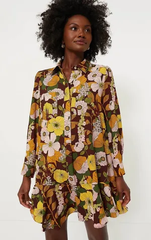 Tuckernuck Retro Floral Crepe Callahan Shirt Dress Brown Yellow Pink XXL 2X thumbnail 1