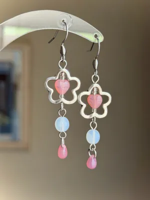 Handmade cute fairy flower Czech glass mix dangle earrings 🌸🤍 thumbnail 2