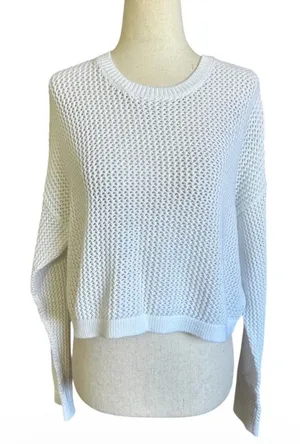 Hollister Womens White Open Knit Cropped Sweater Small Cotton Crew Neck | 0124 thumbnail 1