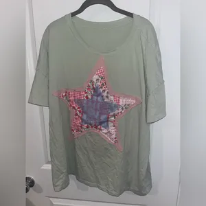 Layered Fabric Star Patchwork MintGreen Oversized T Shirt Y2K Indie Americana XL thumbnail 14