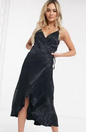 Abercrombie & Fitch Black Satin Leopard Jacquard Wrap Midi Slip Dress - Size XS thumbnail 1