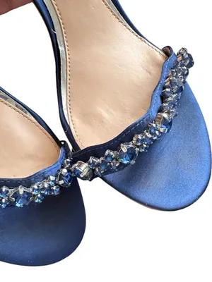 Jewel BADGLEY MISCHKA Embellished Navy Ankle-Strap Block Heel Sandal 7.5 thumbnail 5