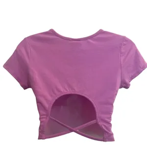 Destined Short Sleeve Casual Summer Crew Neck Strappy Cropped Top Pink Medium thumbnail 2