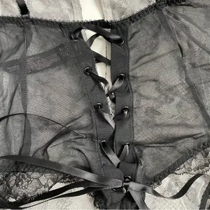 Victorias Secret Body Suit Nighty Thong Lace Plunge Neck Corset Lace Up Black thumbnail 8