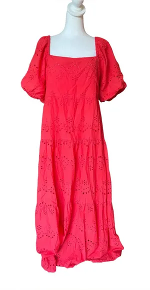 Cotton Maxi Dress Smocked Back Eyelet Puff Sleeve Coral Womens Large thumbnail 1