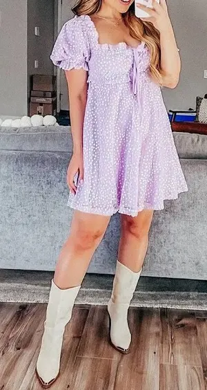 Buddy Love “Jac Puff” Sequin Purple Dress | M | Like-new Lavender Floral Overlay thumbnail 1