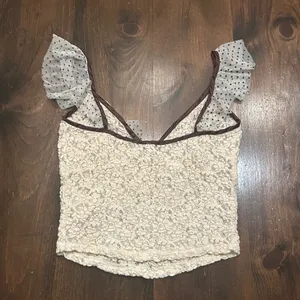 Free People Lace Crop Top Large Cream Brown Polka Dot Ruffle Romantic Shabby thumbnail 6