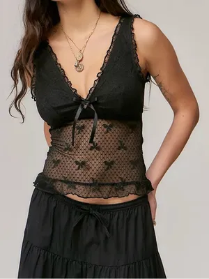 Black Mesh Lace Babydoll Top Bows Ruffles Dark Romantic Fairy Grunge Y2K thumbnail 1