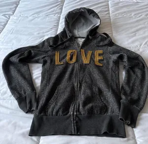 Women’s Charcoal Zip-Up Hoodie with Gold Sequin “LOVE” Graphic – Casual Glam Sweatshirt (S) thumbnail 3