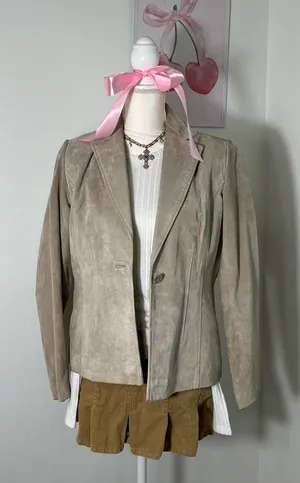 American Vintage Vintage 90s Cream Beige Genuine Leather Suede Button‎ Blazer Coat Womens Medium thumbnail 1