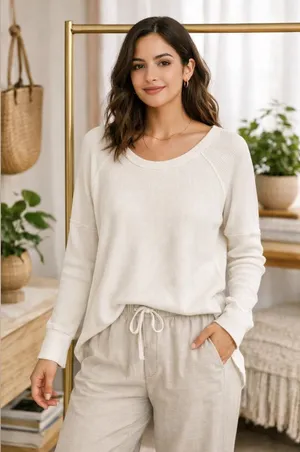Aritzia TNA Alder Waffle Knit Thermal Long Sleeve Top Cream Relaxed Fit Sz Small thumbnail 1
