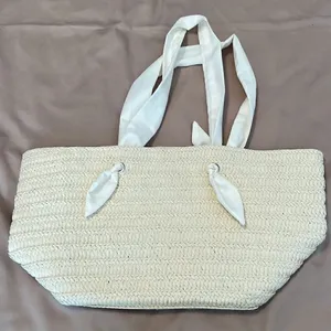 Dezine news inc NWOT straw tote bag with fabric handles 1 small spot on 1 handle thumbnail 4