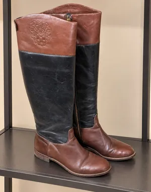 Vince Camuto Womens Two Tone Leather Riding Boots Black Brown Crest Tall Zip thumbnail 1