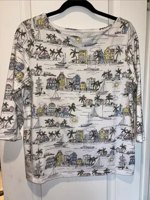 Talbots Cotton Top With Seaside Village Design Size Oversized Xl 3/4” Sleeves thumbnail 1