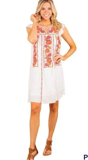 ANDREE by Unit womens SM Ivory White Embroidered dress vneck short sleeve lined thumbnail 1
