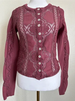 FREE PEOPLE Jae Knit Sheer Lace Long Sleeve Top Cardigan Cropped Y2K Boho XS thumbnail 8