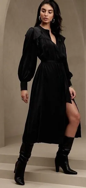 Banana Republic Black Flutter Midi Shirtdress Ruffle‎ Sleeve Button Front XS NWT thumbnail 1