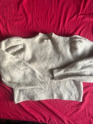 & Other Stories Beige Puff-Sleeve Ribbed Mock Neck Sweater thumbnail 2
