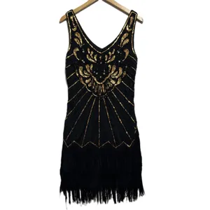 Babeyond Flapper Dress Black Gold Sequin Fringe Gatsby 1920s Costume Party‎ L thumbnail 2