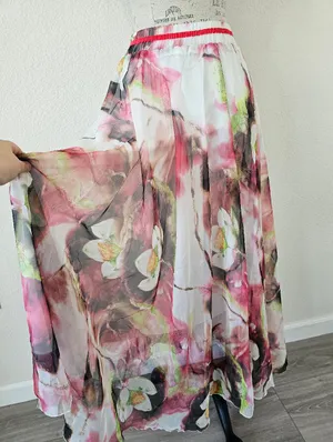 NWT Watercolor Floral Lotus Chiffon Maxi Skirt Size S Pink Green Sheer Layered thumbnail 3