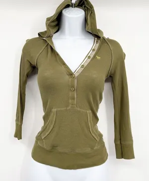 Abercrombie & Fitch Women Olive Green Y2K Bella Swan Waffle Knit Henley Hoodie S thumbnail 1