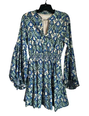 Georgie Boho Mini Dress XS Balloon‎ Sleeve Tie Front Flowy Romantic Festival thumbnail 1