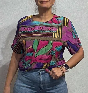 Le Caviar Blue Floral Vintage Blouse Sz L thumbnail 1