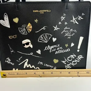 Karl Lagerfeld Paris Black Leather Graffiti Tote Bag‎ Crossbody Strap thumbnail 11