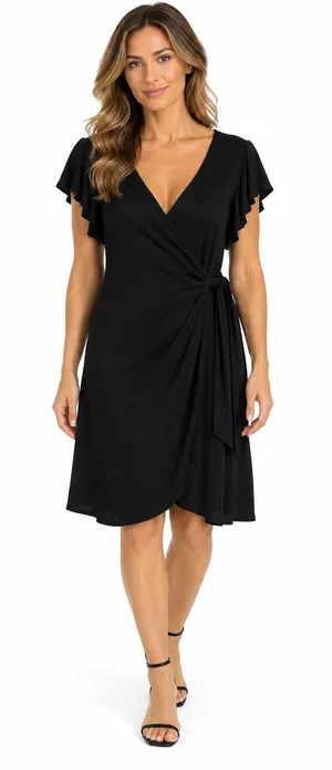 Studio M Black Wrap Dress Flutter Sleeve V-Neck Knee Length XL 9U00652K NEW thumbnail 1