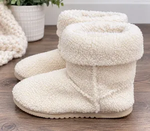 Women’s Ivory Sherpa Fleece Boot Slippers Size Medium Cozy Plush thumbnail 1