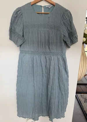 Polagram Dusty Blue Textured Puff-Sleeve Midi Dress with Lace Trim thumbnail 1