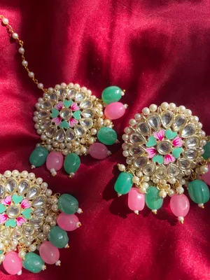 Pink and Turquoise Earrings with Tikka thumbnail 2