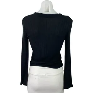 Reformation Virgil Black Ribbed Knit V Neck Long Sleeve Button Up Crop Top Sz M thumbnail 3
