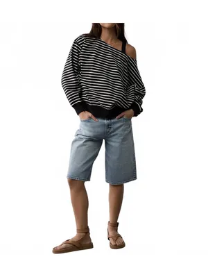 AE Off The Shoulder Sweatshirt American Eagle Black White Striped NWT Size Small thumbnail 6