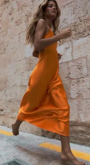 ZARA dress maxi midi hot orange satin effect wedding party cocktail thumbnail 6