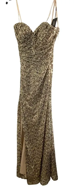 La Femme Gold & Black Sequine Strapless high slit dress NWT size 00‎ thumbnail 1