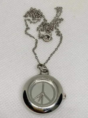 xhilaration peace sign pendant necklace pocket watch silver tone quartz running thumbnail 5