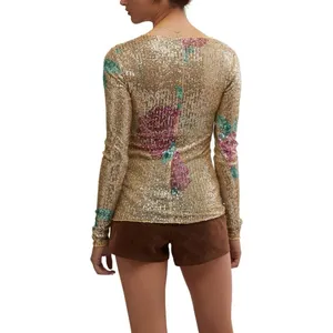 NWT Free People Intimately Gold Rush Champagne Combo Printed‎ Sequin Long Sleeve thumbnail 2