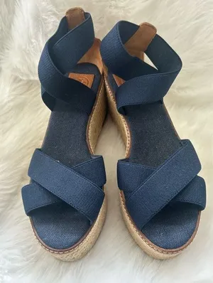 Tory Burch Frieda Espadrille 3.25” Platform Wedge Royal Blue Gold Tan Size 9 thumbnail 1