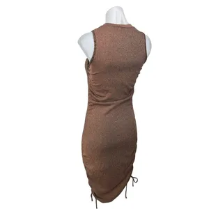 DNT Brown Metallic Rib Knit Sleeveless Ruched Tie Cami Midi Bodycon Tank Dress S thumbnail 2